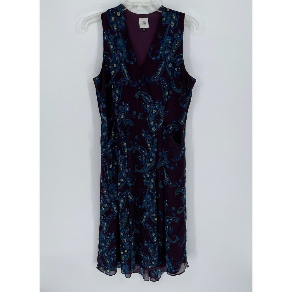 Cabi Women's Purple Paisley Sleeveless Faux Wrap V-Neck Midi Dress Size 8